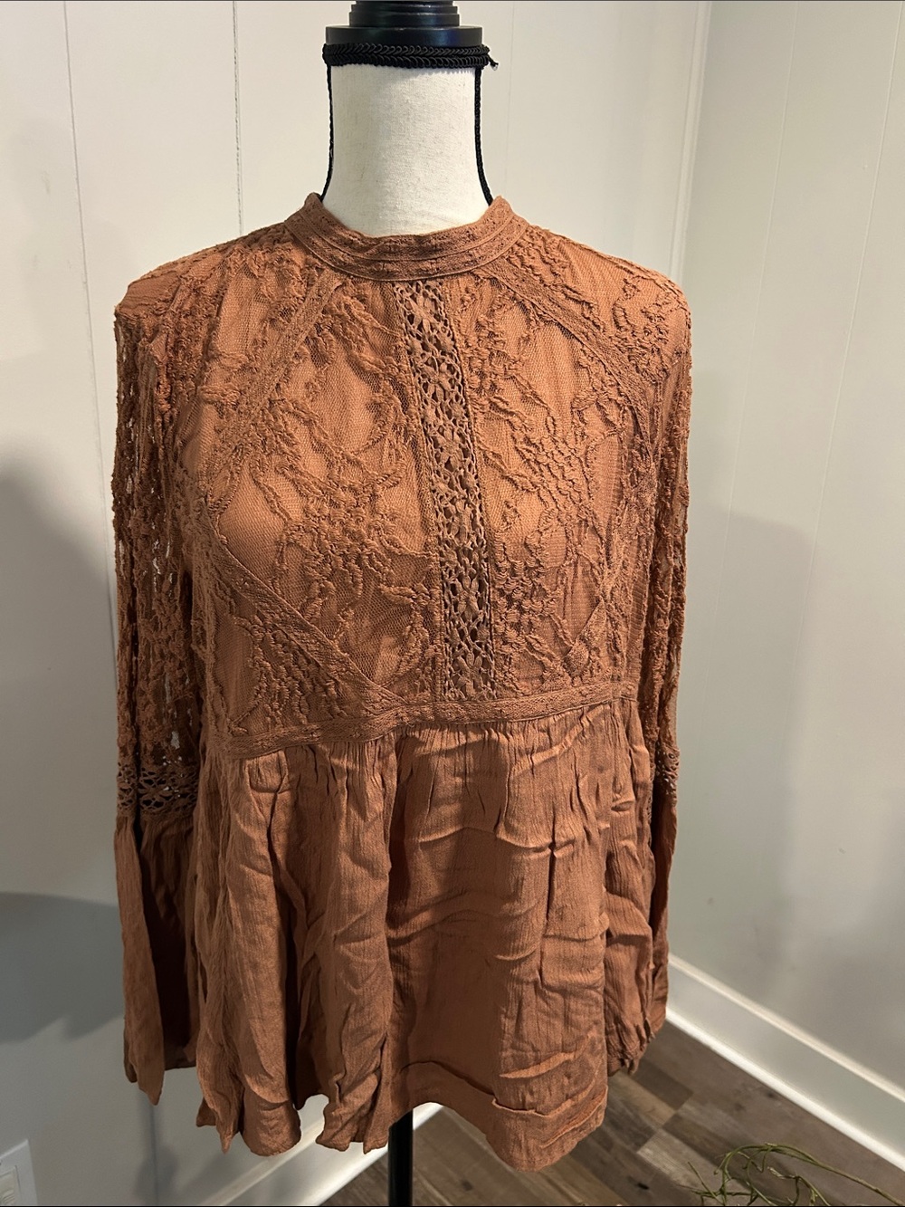American Eagle Outfitters Rust Lace Peasant Long-Sleeve Dress